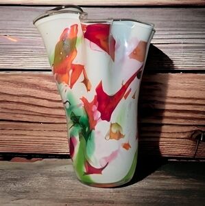 Vintage Jozefina Krosno, Poland- 14" High White/Multicolor Splash Handblown Vase